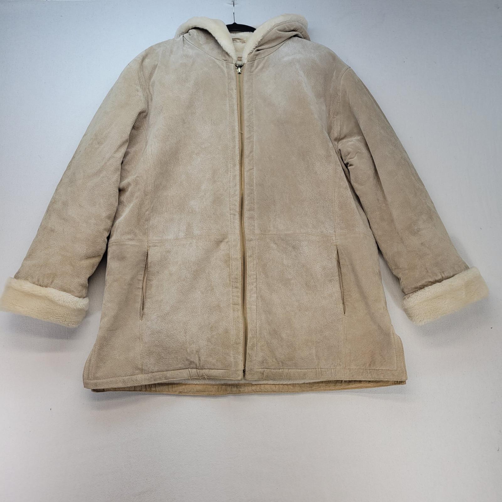 St. John's Bay Suede Jacket Women Xl Tan Faux Fur Lined Hooded Washable Parka
